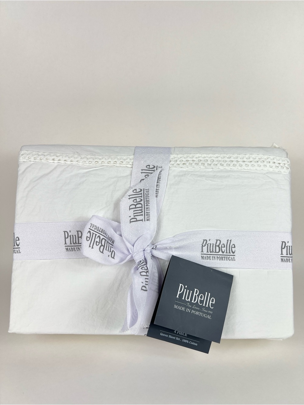PiuBelle Queen Sheet Set White Crochet Trim Fine Linens Soft Cotton 4 Pc NEW
